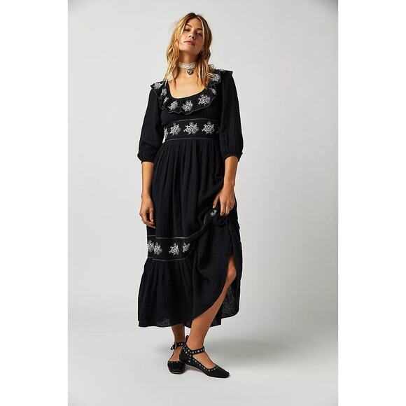 New Free People Lovers Lane Maxi Dress $168  X-SMALL Embroidered Black Floral - Picture 3 of 8